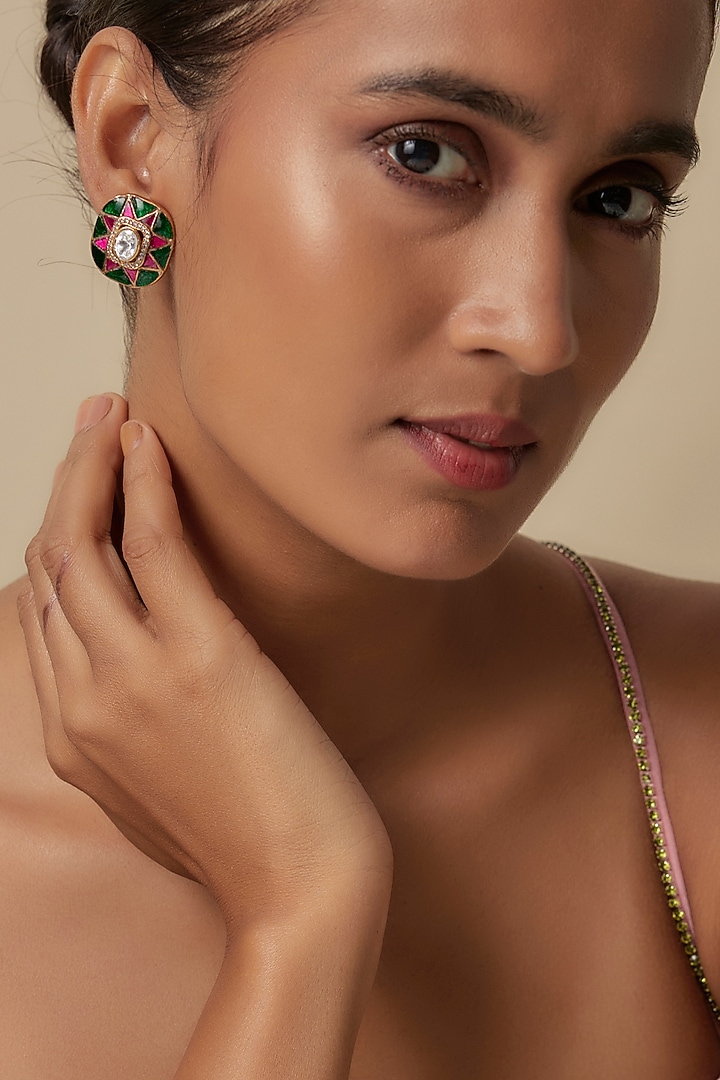 Gold Finish Synthetic Pink & Green Stone Stud Earrings by Aryah Jewels at Pernia's Pop Up Shop