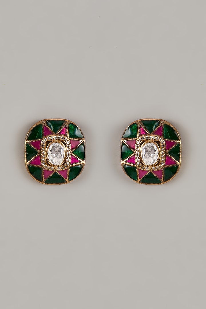 Gold Finish Synthetic Pink & Green Stone Stud Earrings by Aryah Jewels at Pernia's Pop Up Shop