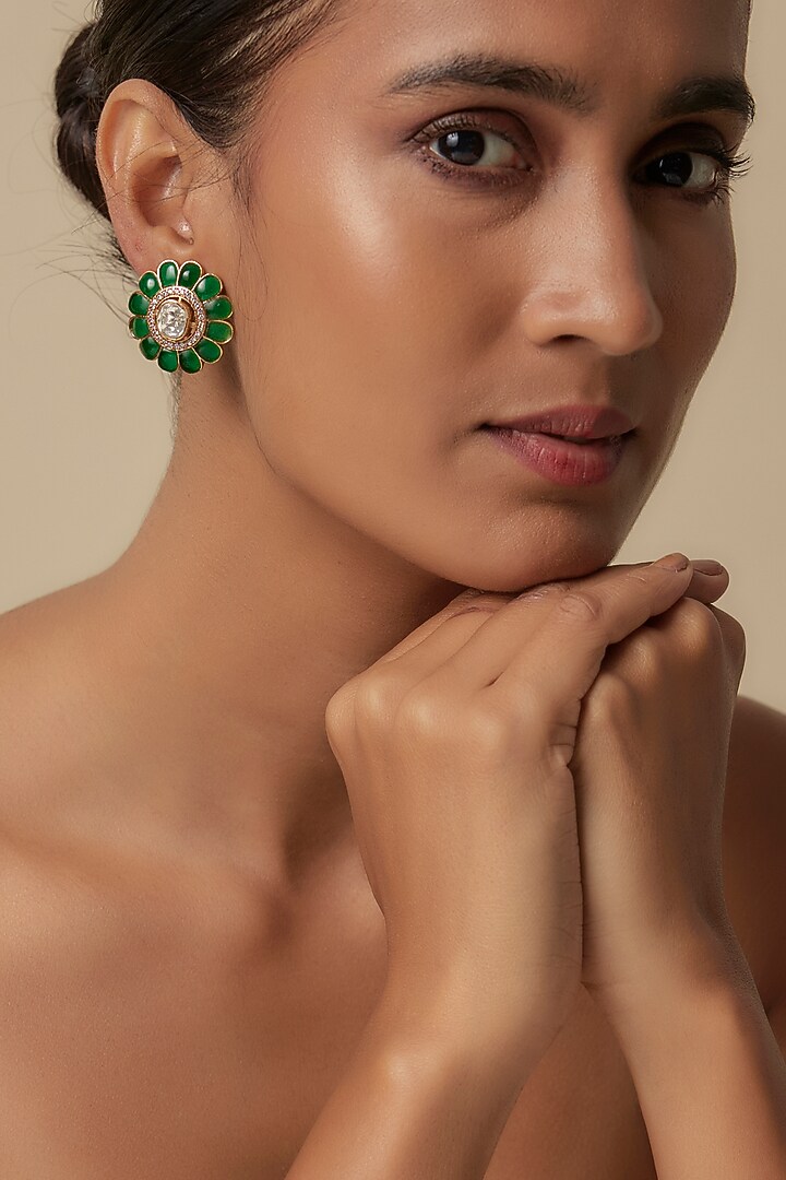 Gold Finish Uncut Zircon & Green Semi-Precious Stone Stud Earrings by Aryah Jewels at Pernia's Pop Up Shop
