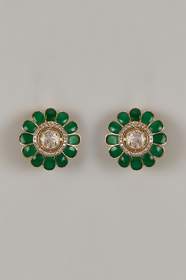 Gold Finish Uncut Zircon & Green Semi-Precious Stone Stud Earrings by Aryah Jewels at Pernia's Pop Up Shop
