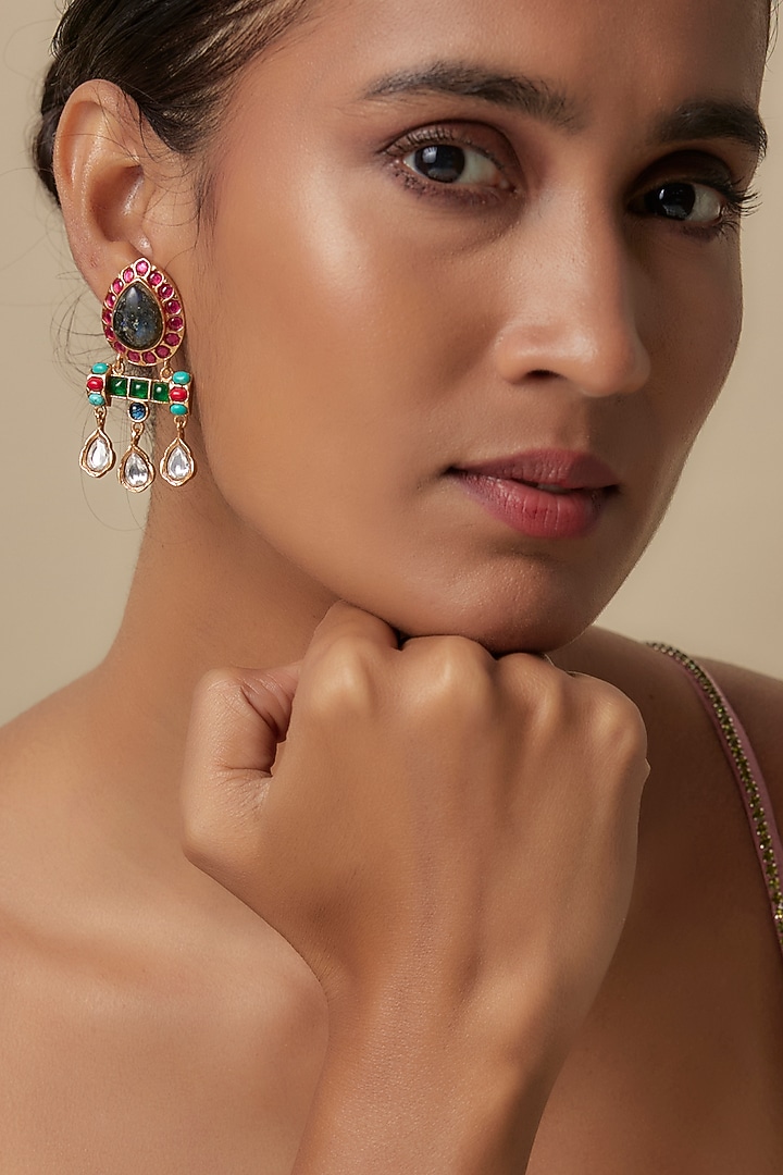 Gold Finish Uncut Zircon & Synthetic Emerald Dangler Earrings by Aryah Jewels at Pernia's Pop Up Shop