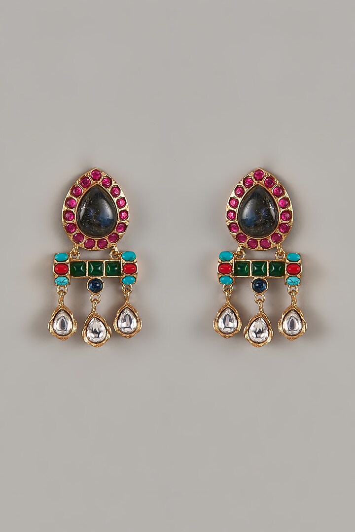 Gold Finish Uncut Zircon & Synthetic Emerald Dangler Earrings by Aryah Jewels at Pernia's Pop Up Shop