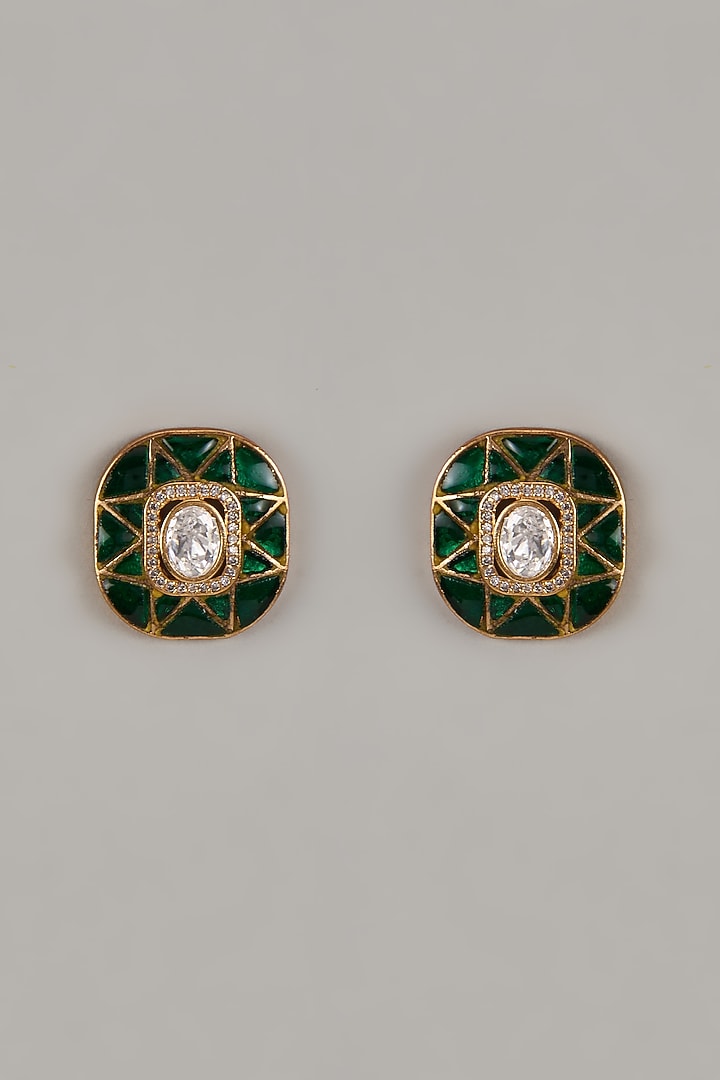 Gold Finish Uncut Zircon & Synthetic Emerald Stud Earrings by Aryah Jewels at Pernia's Pop Up Shop