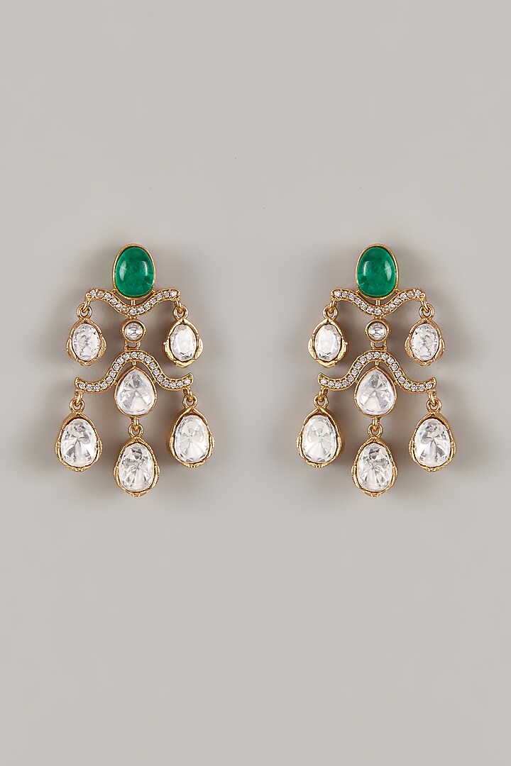 Gold Finish Uncut Zircon & Synthetic Emerald Dangler Earrings by Aryah Jewels at Pernia's Pop Up Shop