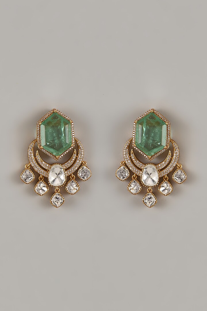 Gold Finish Uncut Zircon & Synthetic Emerald Dangler Earrings by Aryah Jewels at Pernia's Pop Up Shop
