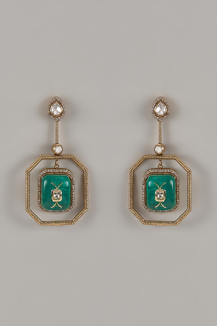 Gold Finish Uncut Zircon & Green Stone Dangler Earrings by Aryah Jewels at Pernia's Pop Up Shop