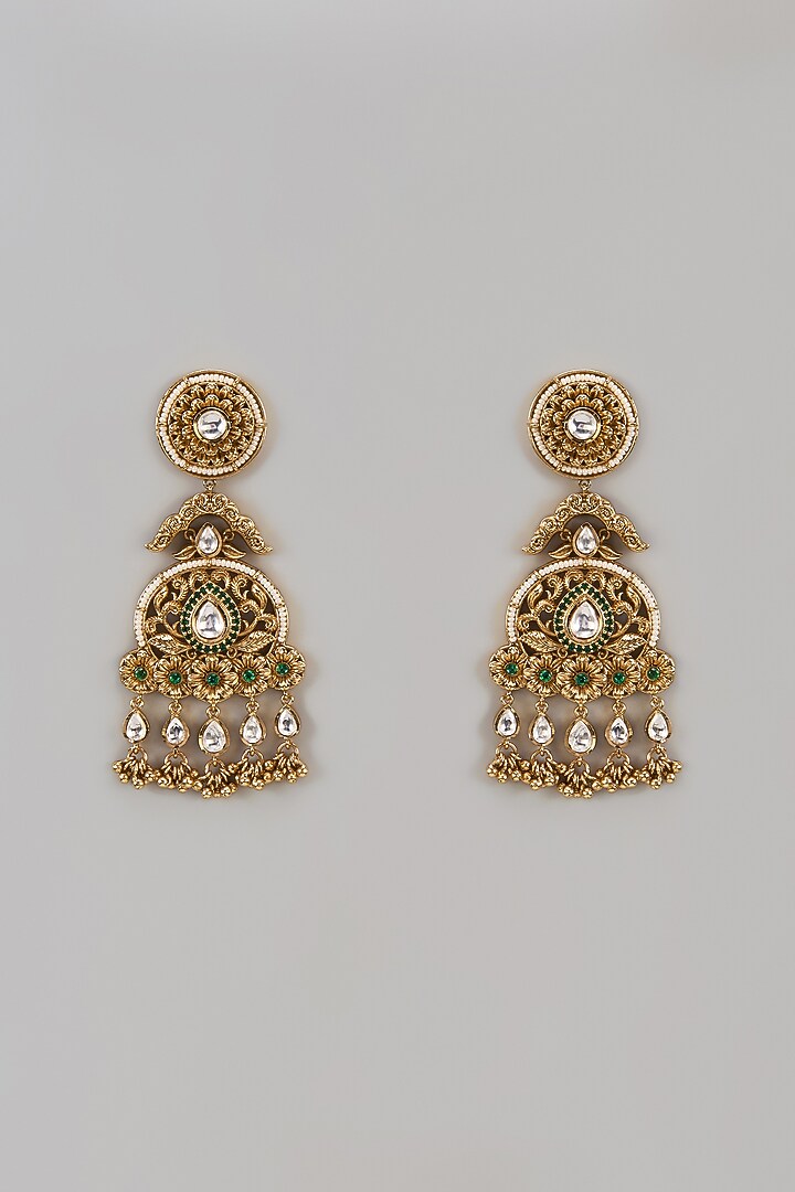Gold Finish Uncut Zircon & Green Stone Temple Dangler Earrings by Aryah Jewels at Pernia's Pop Up Shop