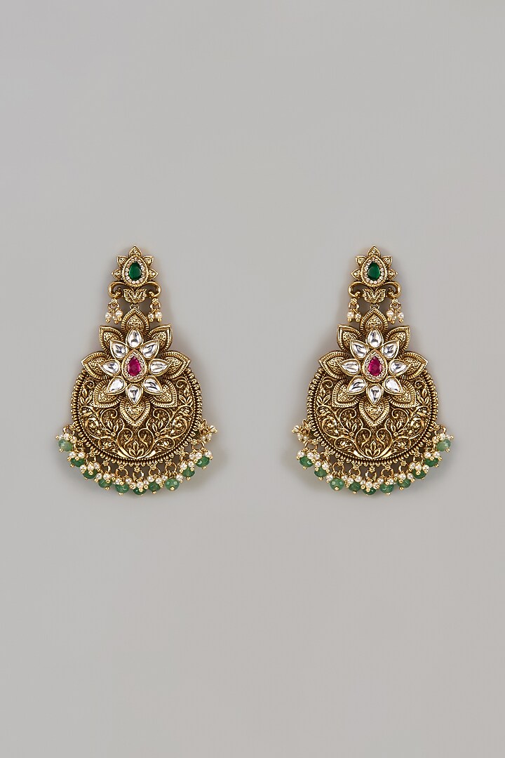 Gold Finish Uncut Zircon & Green Stone Dangler Earrings by Aryah Jewels at Pernia's Pop Up Shop