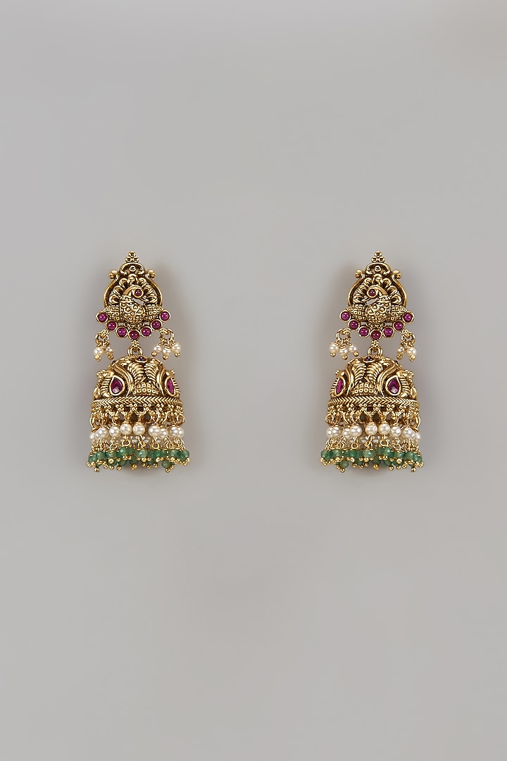 Gold Finish Synthetic Ruby & Pearl Temple Jhumka Earrings by Aryah Jewels at Pernia's Pop Up Shop