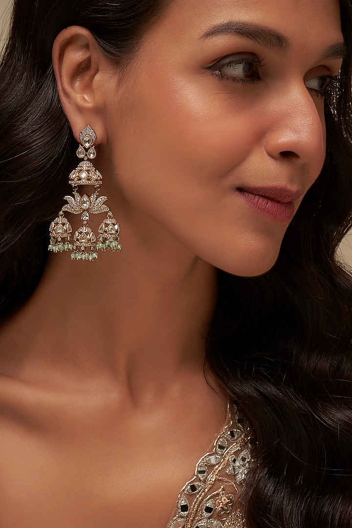 Victorian Finish Uncut Zircon & Beaded Jhumka Earrings by Aryah Jewels at Pernia's Pop Up Shop