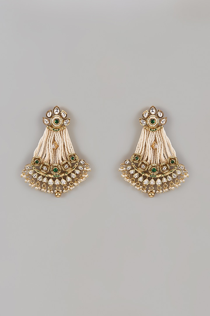 Gold Finish Uncut Zircon & Emerald Dangler Earrings by Aryah Jewels at Pernia's Pop Up Shop