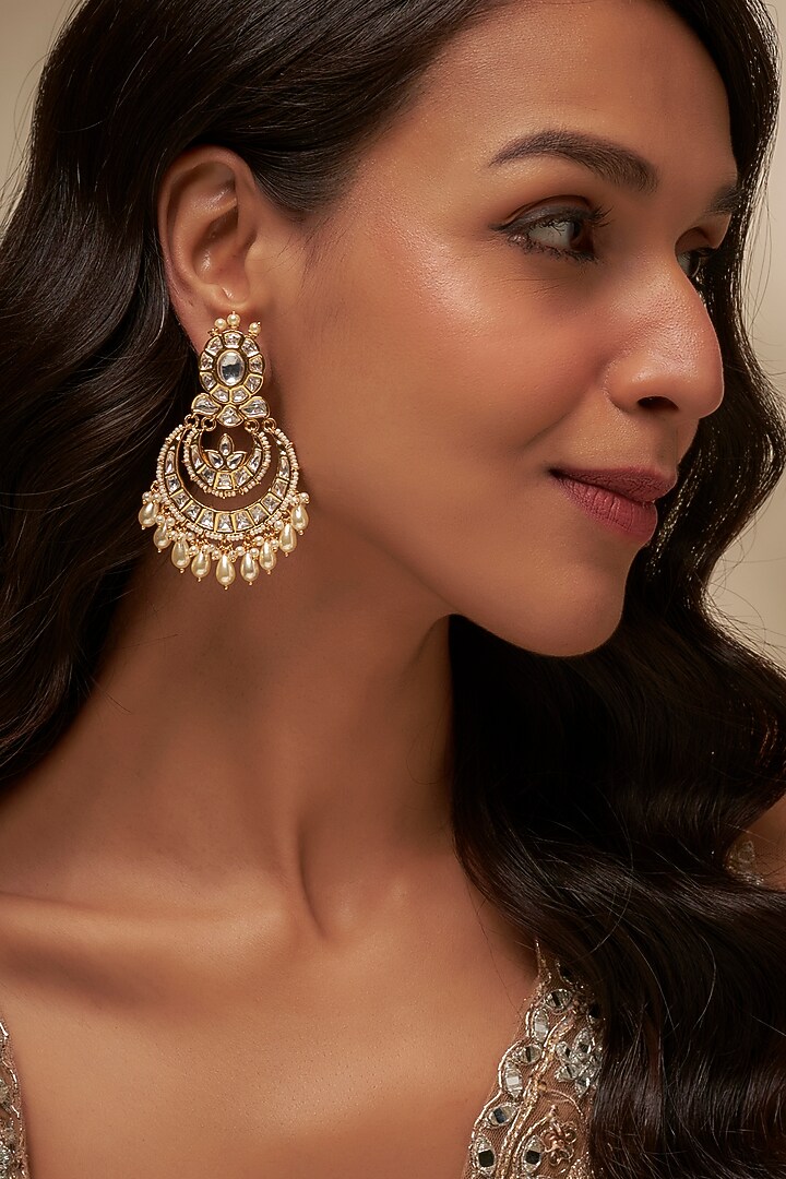 Gold Finish Uncut Zircon & Pearl Chandbali Earrings by Aryah Jewels at Pernia's Pop Up Shop