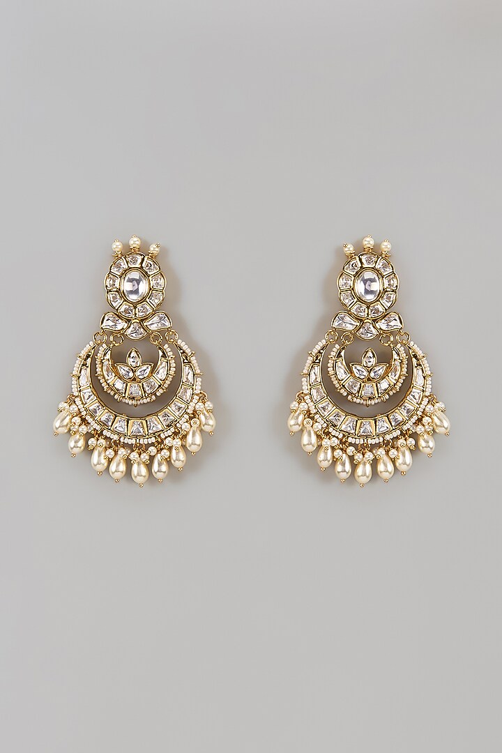 Gold Finish Uncut Zircon & Pearl Chandbali Earrings by Aryah Jewels at Pernia's Pop Up Shop