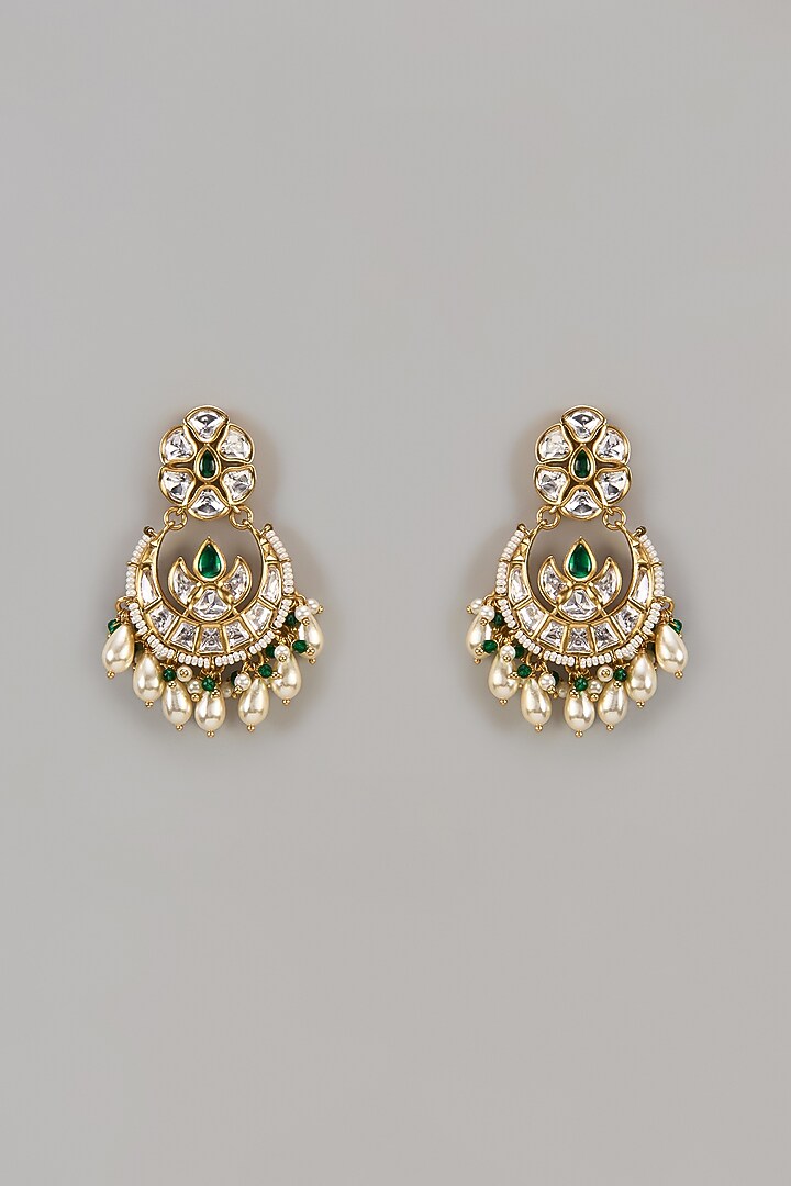Gold Finish Uncut Zircon & Emerald Chandbali Earrings by Aryah Jewels at Pernia's Pop Up Shop