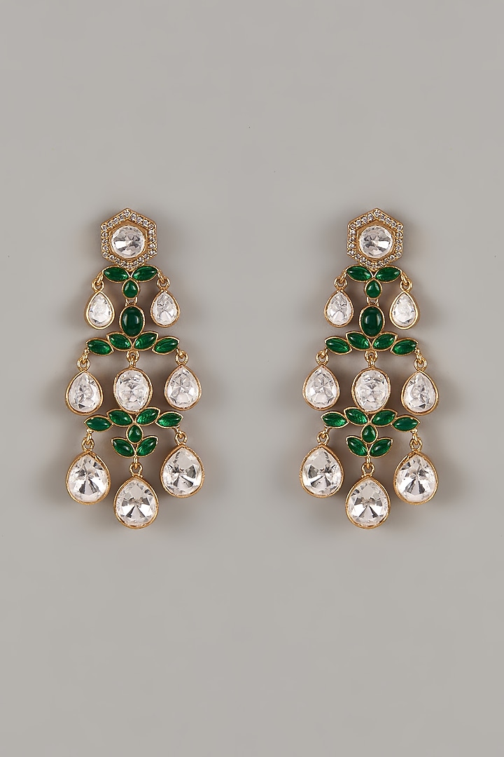 Gold Finish Uncut Zircon & Synthetic Emerald Dangler Earrings by Aryah Jewels at Pernia's Pop Up Shop