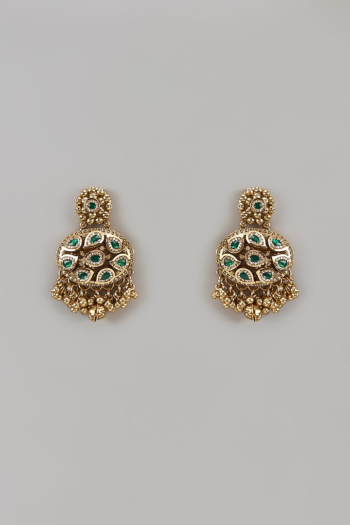 Gold Finish Uncut Zircon & Emerald Dangler Earrings by Aryah Jewels at Pernia's Pop Up Shop