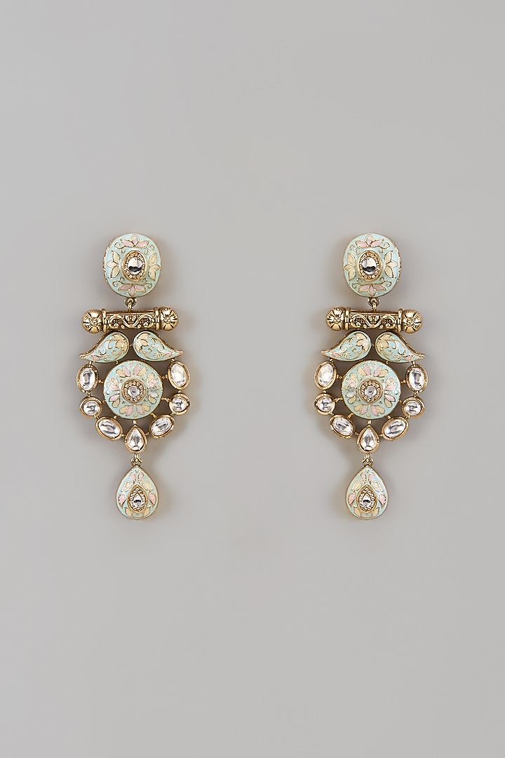 Gold Finish Uncut Zircon Enameled Dangler Earrings by Aryah Jewels at Pernia's Pop Up Shop