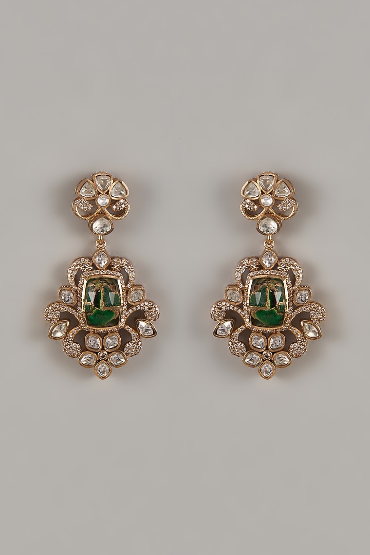 Gold Finish Uncut Zircon & Green Stone Dangler Earrings by Aryah Jewels at Pernia's Pop Up Shop
