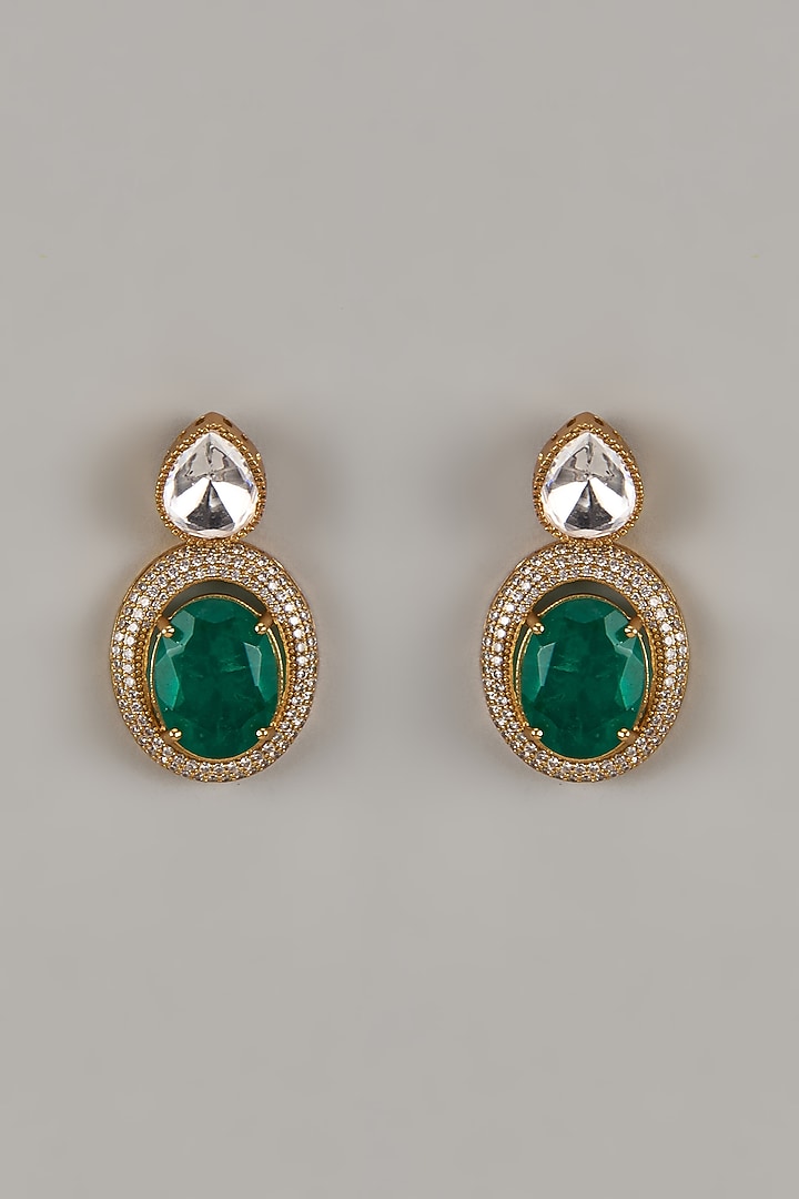 Gold Finish Uncut Zircon & Synthetic Emerald Dangler Earrings by Aryah Jewels at Pernia's Pop Up Shop