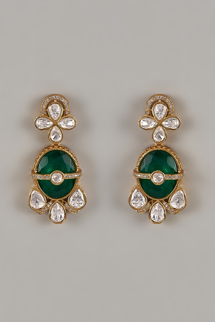 Gold Finish Uncut Zircon & Synthetic Emerald Dangler Earrings by Aryah Jewels at Pernia's Pop Up Shop