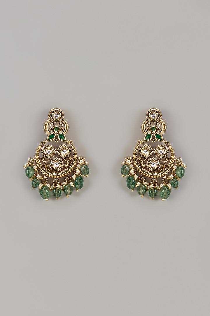 Gold Finish Uncut Zircon & Emerald Beaded Dangler Earrings by Aryah Jewels at Pernia's Pop Up Shop
