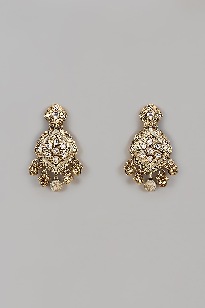 Gold Finish Uncut Zircon & Beaded Enameled Dangler Earrings by Aryah Jewels at Pernia's Pop Up Shop