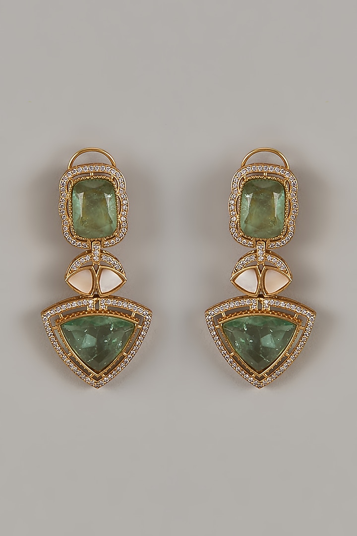 Gold Finish Uncut Zircon & Synthetic Emerald Dangler Earrings by Aryah Jewels at Pernia's Pop Up Shop