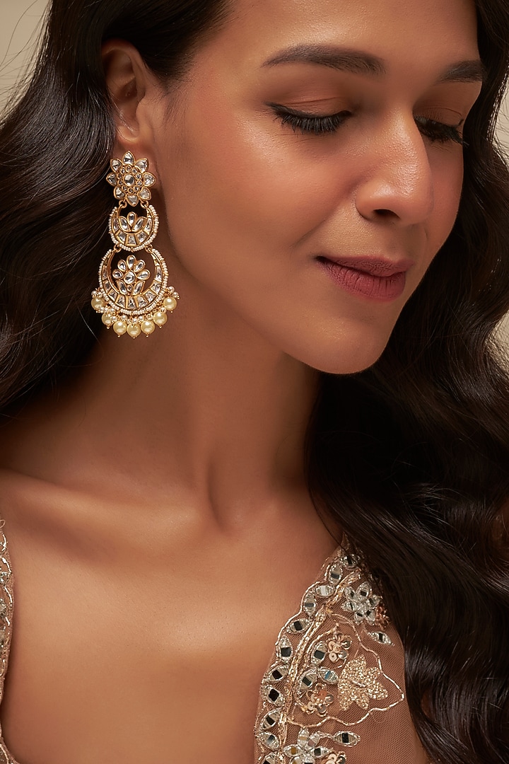 Gold Finish Uncut Zircon & Pearl Chandbali Earrings by Aryah Jewels at Pernia's Pop Up Shop