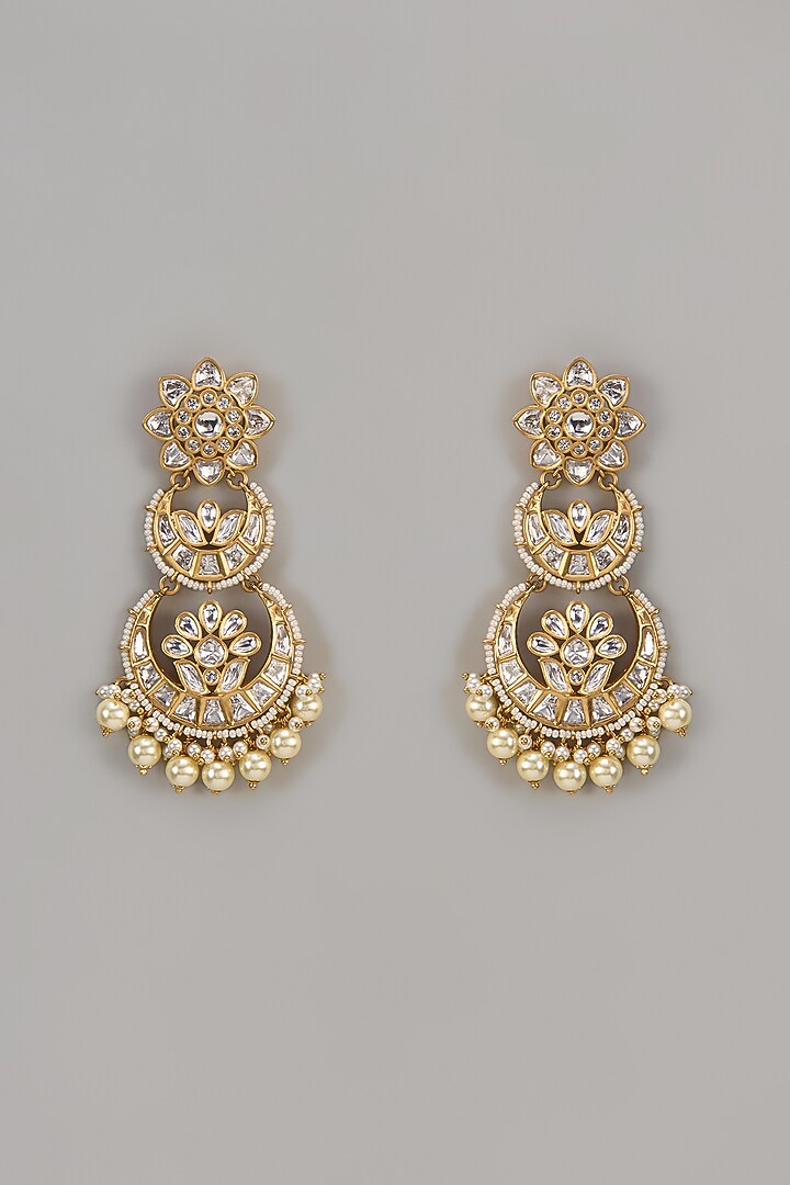 Gold Finish Uncut Zircon & Pearl Chandbali Earrings by Aryah Jewels at Pernia's Pop Up Shop
