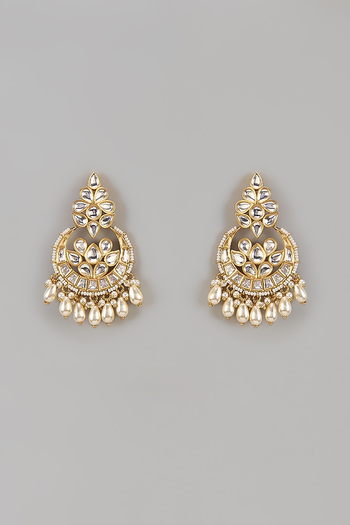 Gold Finish Uncut Zircon & Pearl Chandbali Earrings by Aryah Jewels at Pernia's Pop Up Shop