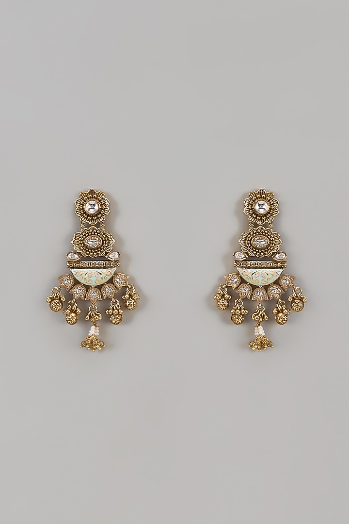 Gold Finish Uncut Zircon Green Enameled Dangler Earrings by Aryah Jewels at Pernia's Pop Up Shop