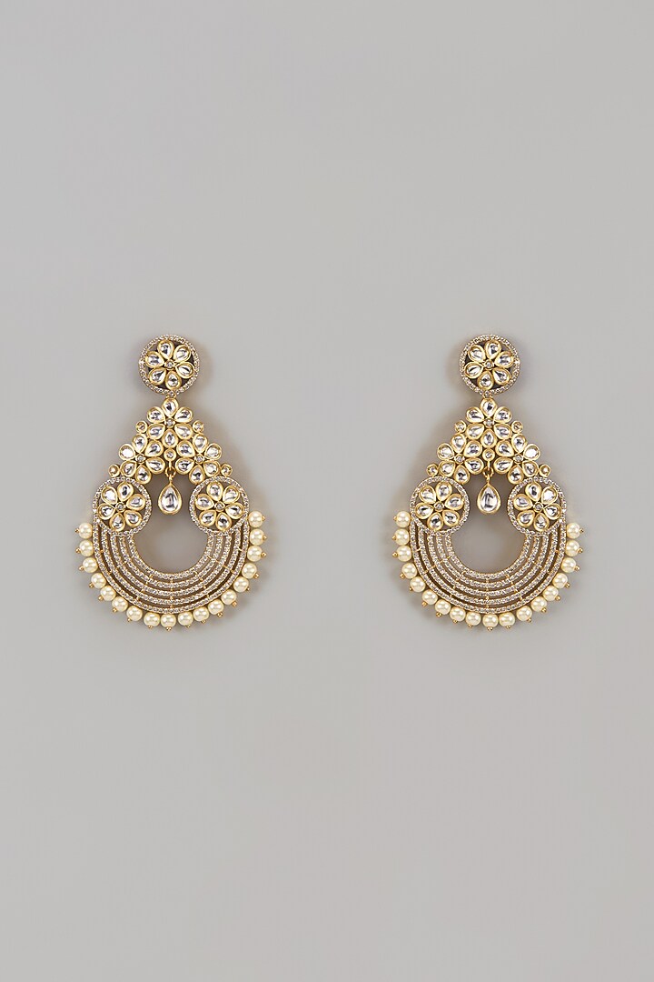 Gold Finish Pearl & Uncut Zircon Floral Dangler Earrings by Aryah Jewels at Pernia's Pop Up Shop