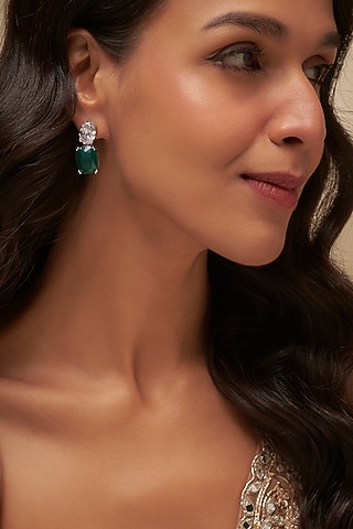 White Finish Oval-Cut Uncut Zircon & Emerald Stone Dangler Earrings by Aryah Jewels
