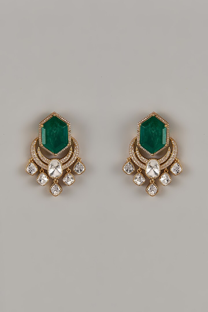 Gold Finish Uncut Zircon & Synthetic Emerald Dangler Earrings by Aryah Jewels at Pernia's Pop Up Shop
