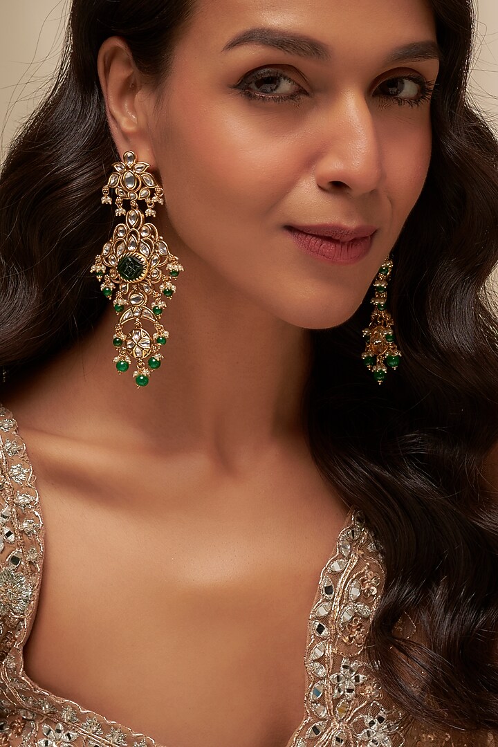 Gold Finish Uncut Zircon & Green Stone Dangler Earrings by Aryah Jewels at Pernia's Pop Up Shop