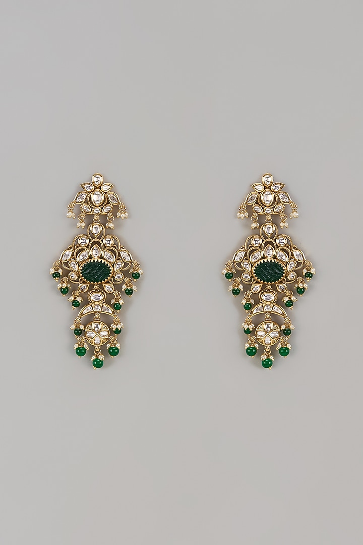 Gold Finish Uncut Zircon & Green Stone Dangler Earrings by Aryah Jewels at Pernia's Pop Up Shop
