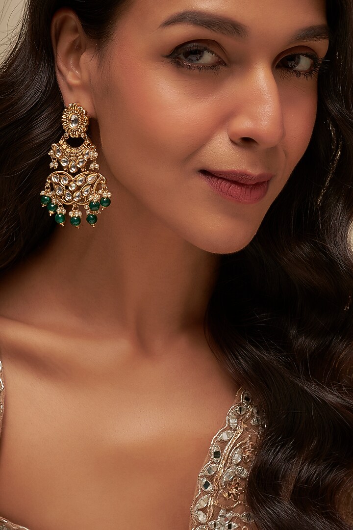 Gold Finish Uncut Zircon & Green Beaded Dangler Earrings by Aryah Jewels at Pernia's Pop Up Shop