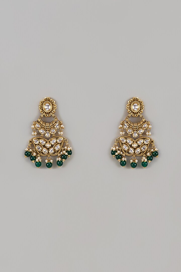 Gold Finish Uncut Zircon & Green Beaded Dangler Earrings by Aryah Jewels at Pernia's Pop Up Shop