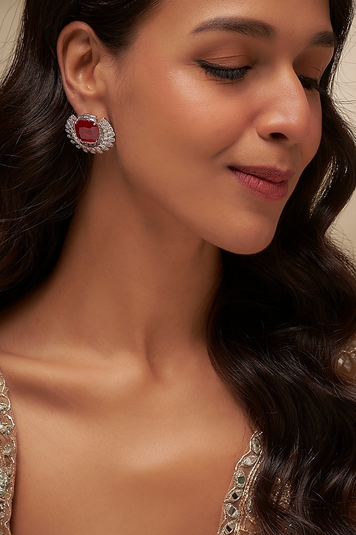 White Finish Uncut Zircon & Ruby Stone Stud Earrings by Aryah Jewels at Pernia's Pop Up Shop