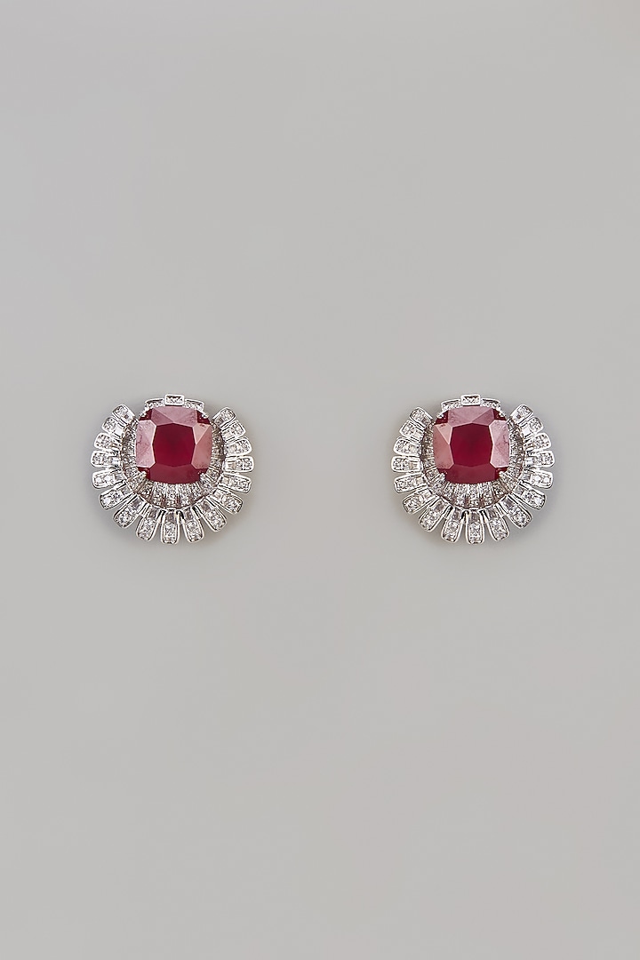 White Finish Uncut Zircon & Ruby Stone Stud Earrings by Aryah Jewels at Pernia's Pop Up Shop