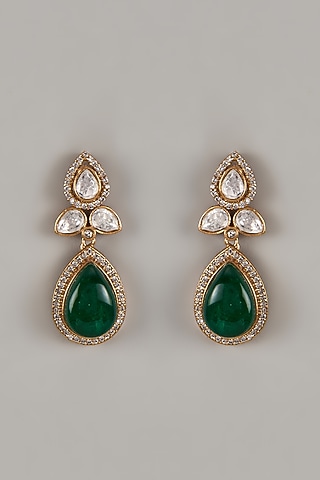 Gold Finish Uncut Zircon & Synthetic Emerald Dangler Earrings by Aryah Jewels