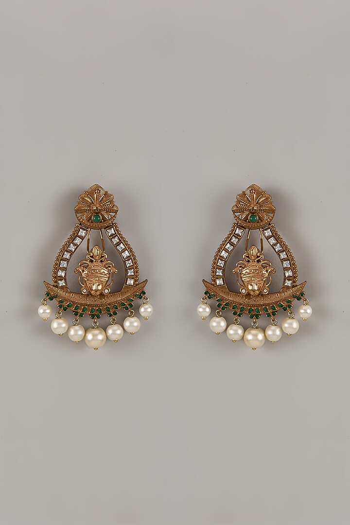 Gold Finish Uncut Zircon Pearl Dangler Earrings by Aryah Jewels at Pernia's Pop Up Shop