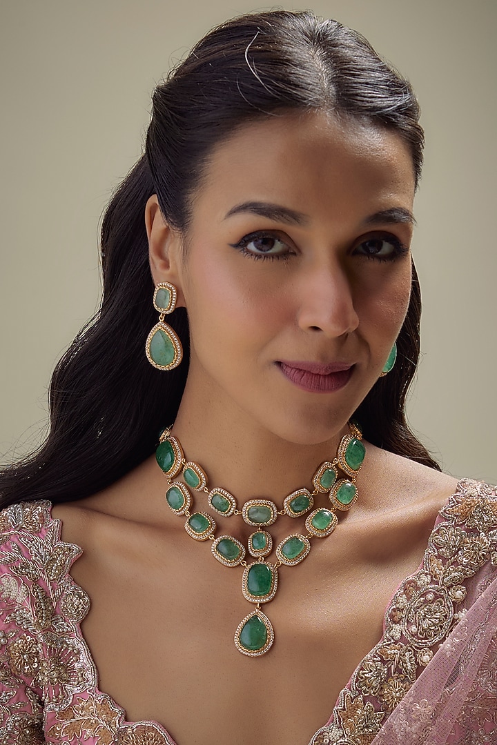 Gold Finish Mint Green Stone & Uncut Zircon Layered Necklace Set by Aryah Jewels at Pernia's Pop Up Shop