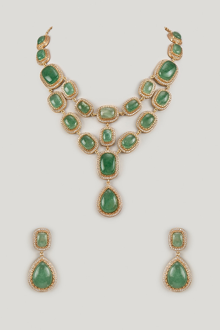 Gold Finish Mint Green Stone & Uncut Zircon Layered Necklace Set by Aryah Jewels at Pernia's Pop Up Shop