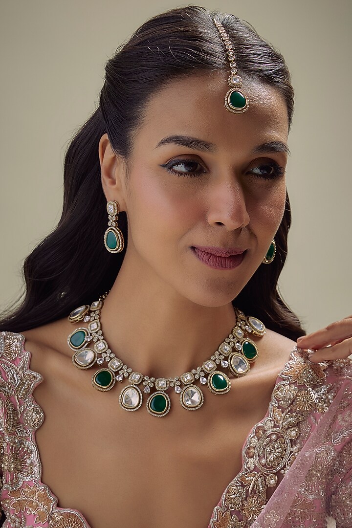 Victorian Finish Green Stone & Uncut Zircon Choker Necklace Set by Aryah Jewels at Pernia's Pop Up Shop
