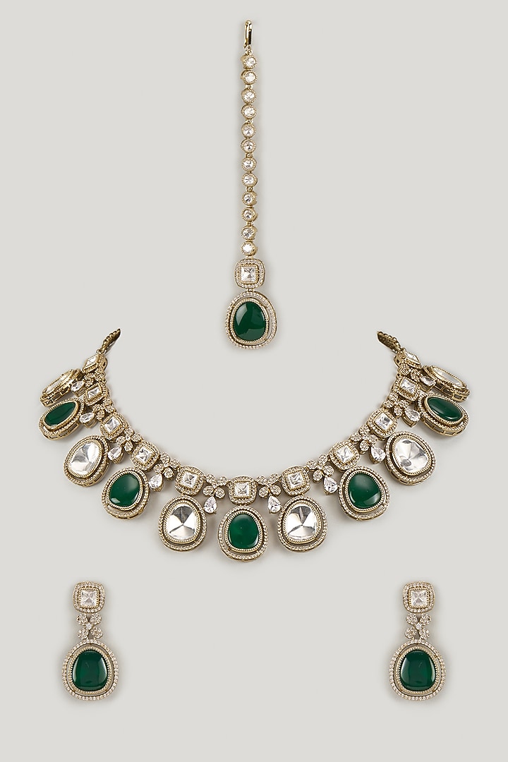 Victorian Finish Green Stone & Uncut Zircon Choker Necklace Set by Aryah Jewels at Pernia's Pop Up Shop