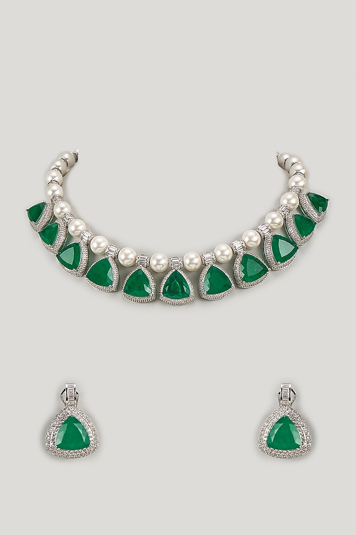 White Finish Green Stone & Uncut Zircon Choker Necklace Set by Aryah Jewels at Pernia's Pop Up Shop