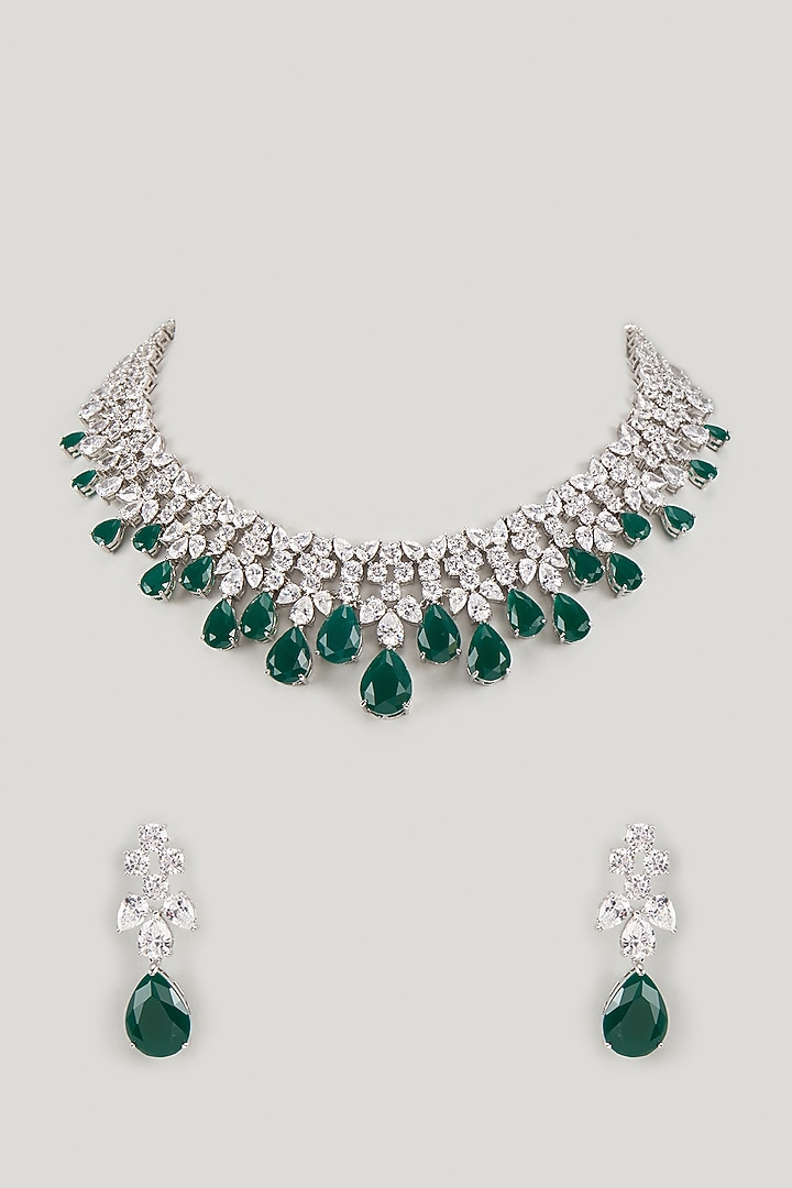 White Finish Emerald Stone & Uncut Zircon Choker Necklace Set by Aryah Jewels at Pernia's Pop Up Shop