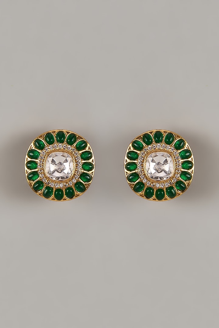 Gold Finish Synthetic Emerald & Uncut Zircon Stud Earrings by Aryah Jewels at Pernia's Pop Up Shop