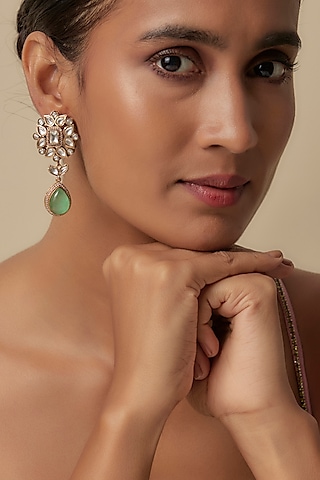 Gold Finish Synthetic Emerald & Uncut Zircon Dangler Earrings by Aryah Jewels